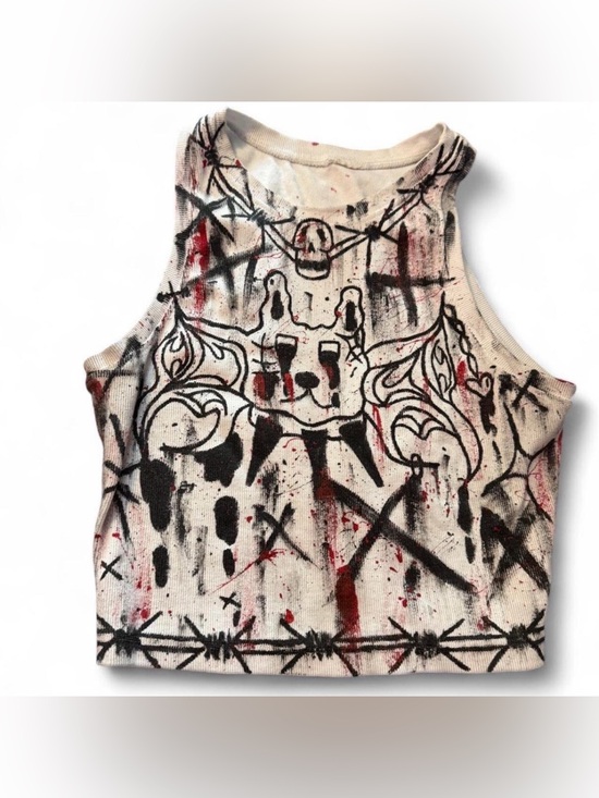 Dolls Kill Tops - Graphic Sleeveless Tank Top in White with Black & Red Print